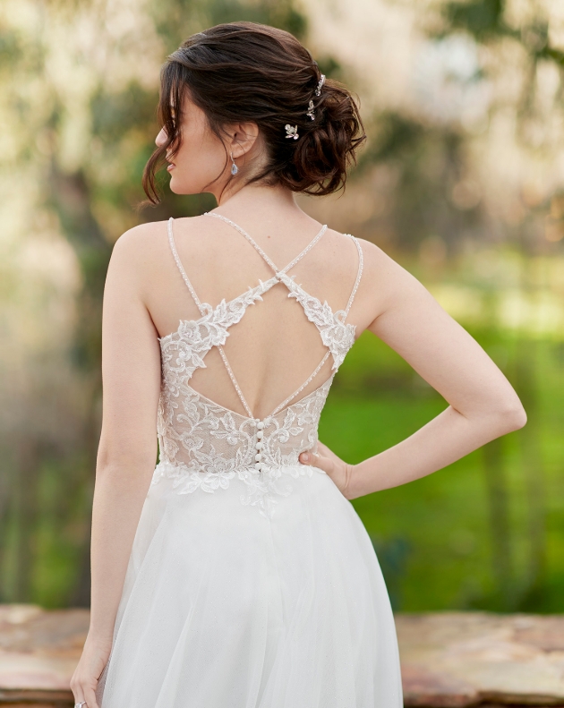 back shot of model wearing wedding dress with multiple back straps