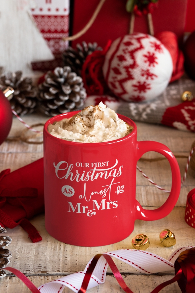 Almost Mr & Mrs mug with hot chocolate in surrounded by christmas decs 