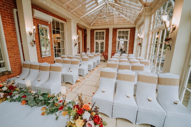 The orangery dressed for a wedding at Dovecliff Hall in Staffordshire
