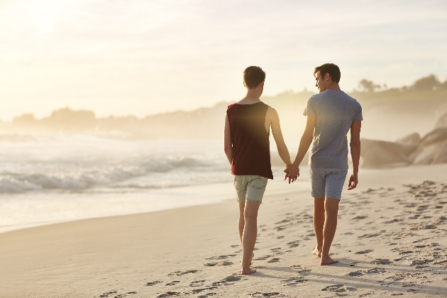 Two men walking hand in hand on the beach