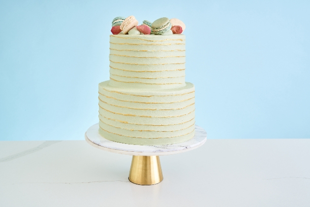 Two tier pale green buttercream iced wedding cake by Lola's Cupcakes topped with macarons